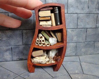 Miniature Wizard Bookshelf with Accessories: 1/12 Scale Dollhouse Library