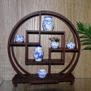 Miniature Round Dollhouse Shelf: Asian Wooden Display Rack