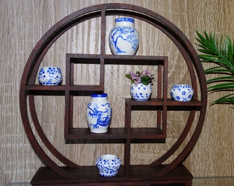 Maison de poupée ronde miniature de style chinois/japonais, étagère orientale en bois, présentoir asiatique