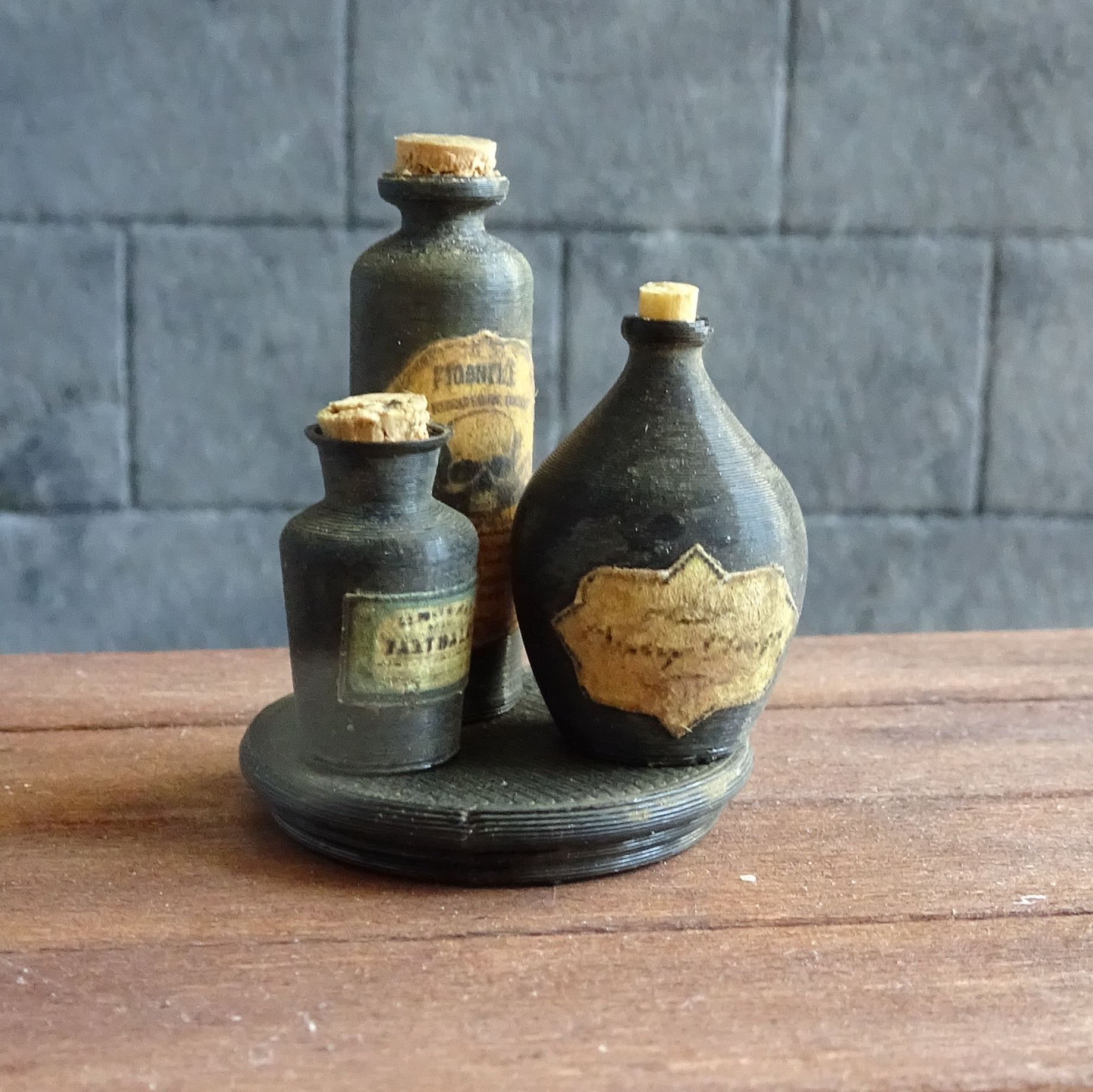 Set of three very dusty old bottles, abandoned house, a sorcerer's chamber 1-12 scale,