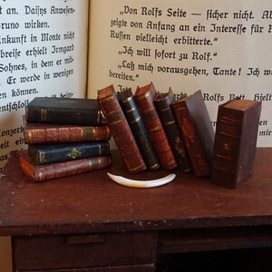 May include: A collection of miniature antique books with brown leather covers and gold accents. The books are arranged on a wooden surface with a bone-colored object in the foreground.