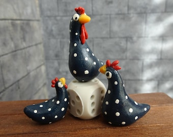 Handmade Clay Chicken Figurines – Set of 3, Polka Dot Folk Art Miniatures