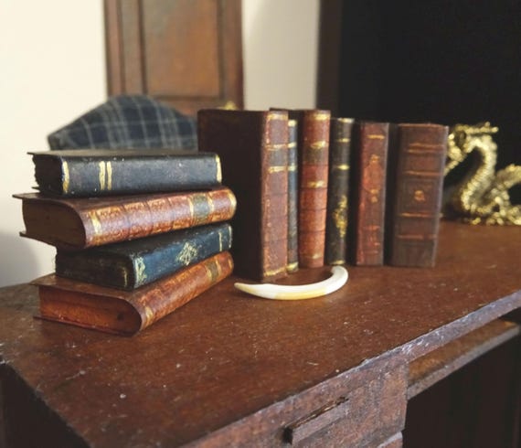 Miniature Aged Books Set – 1:12 Scale Dollhouse Library, Handmade
