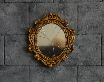 Miniature broken mirror in a golden or black frame, haunted house, dracula castle, Halloween, vintage decor 1:12 scale