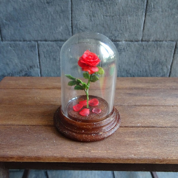 Beauty red rose in glass dome, miniature for dollhouse 1:12,