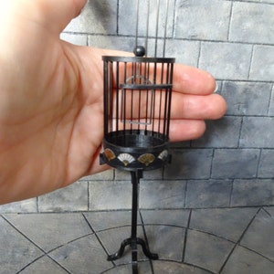Miniature black round cage on stand. 1-12 dollhouse,  diorama.
