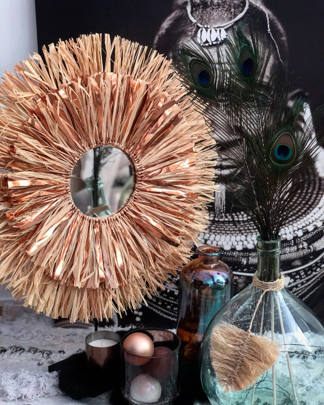 Natural and Copper Raffia Mirror Diameter 55 Cm - Etsy