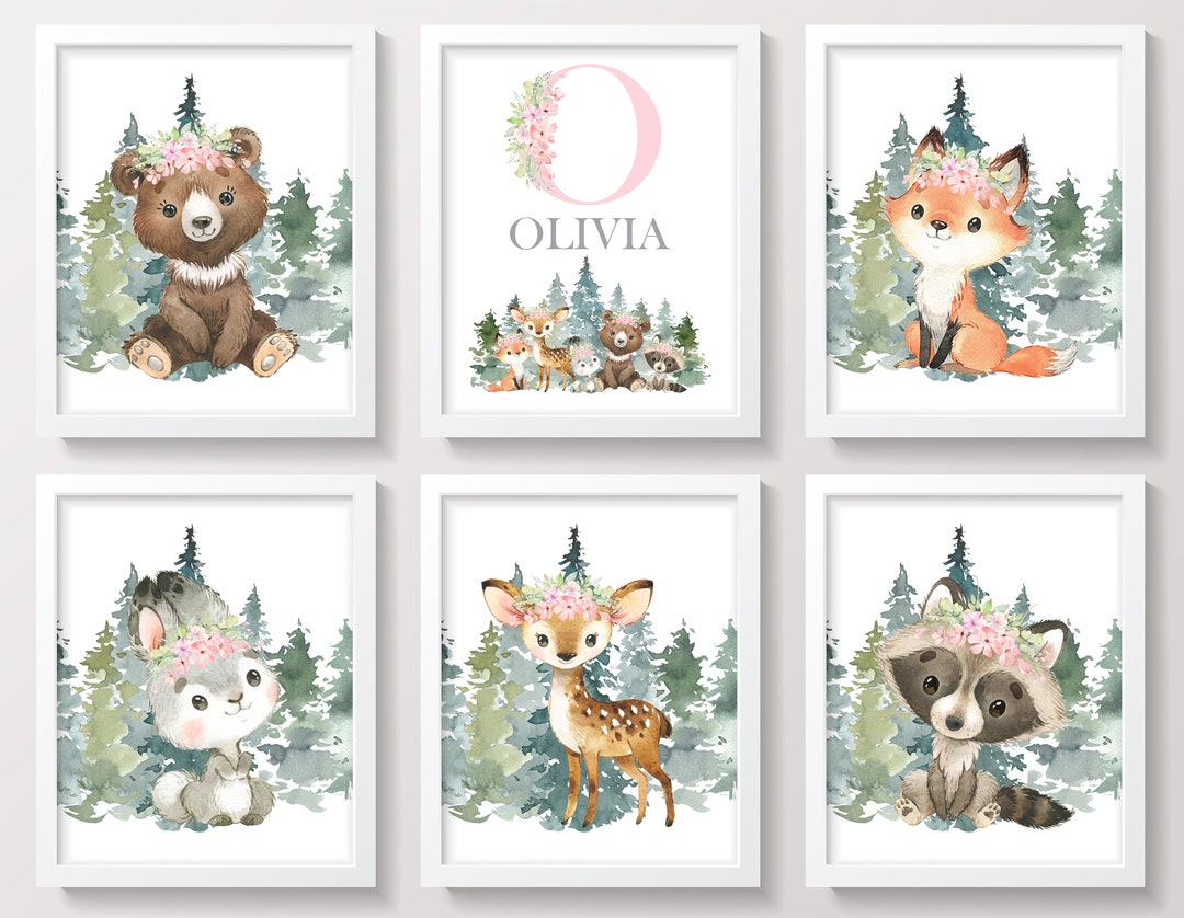 Woodland Nursery Wall Decor, Forest Animals Wall Art, Baby Girl