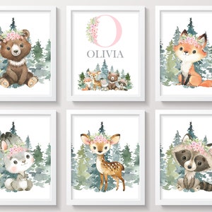 Woodland Nursery Wall Decor, Forest Animals Wall Art, Baby Girl Nursery Decor, Pink Floral Nursery Decor, Personalized Baby Name Art Prints