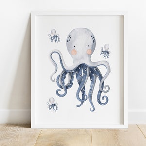 May include: A watercolor illustration of a blue and white octopus with three smaller octopuses in the background. The larger octopus has a light blue body with dark blue spots and dark blue tentacles. The smaller octopuses are all light blue with dark blue spots.