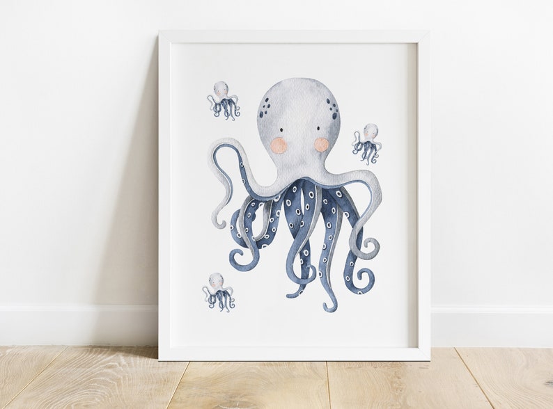 May include: A watercolor illustration of a blue and white octopus with three smaller octopuses in the background. The larger octopus has a light blue body with dark blue spots and dark blue tentacles. The smaller octopuses are all light blue with dark blue spots.
