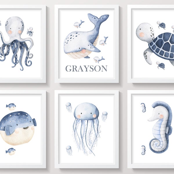 Sea Animals Nursery Art, Ocean Nursery Wall Decor, Navy Blue Nursery, Boy Nursery Decor, Whale Art, Sea Turtle, Jellyfish, Baby Name Prints