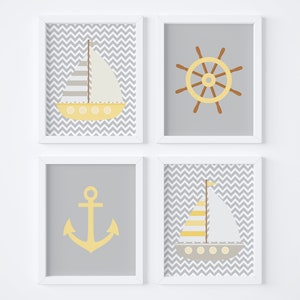 Nautical Nursery Wall Decor, Sailboats Nursery Art, Gender Neutral Nursery Decor, Yellow and Gray Nursery, Nautical Baby Room Art Prints