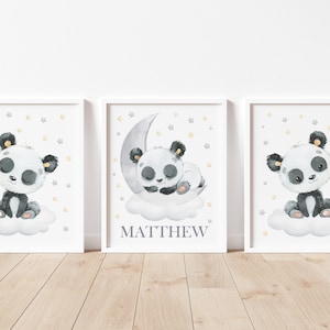 Panda Nursery Wall Decor, Panda Bear Nursery, Gender Neutral Nursery Decor, Moon and Stars Art, Panda Nursery Wall Art, Baby Name Art Prints