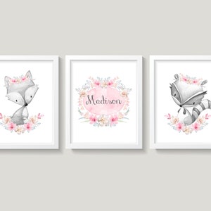 Boho Woodland Nursery Wall Decor, Floral Fox Raccoon Wall Decor,  Animal Nursery Art, Baby Girl Personalized Nursery Art, Pink Gray Nursery