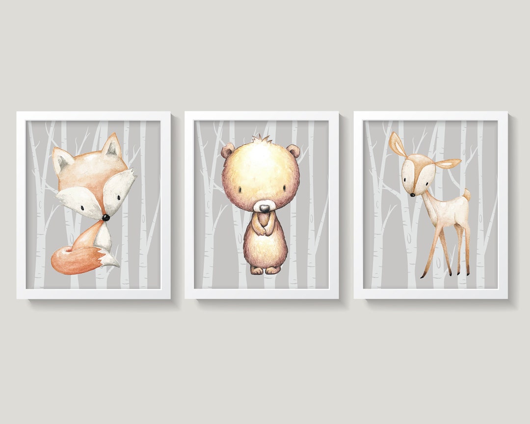 Woodland Animals Nursery Wall Decor, Fox Bear Deer Nursery Art, Forest ...