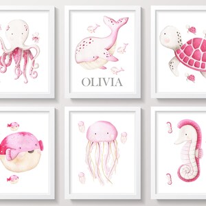 Sea Animals Nursery Art, Ocean Nursery Wall Decor, Pink Nursery Decor, Girl Nursery Decor, Whale Art, Jellyfish Art, Baby Name Art Prints