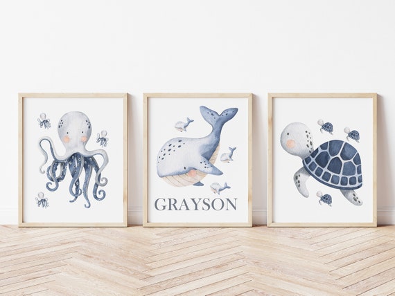Sea Animals Nursery Art, Ocean Nursery Wall Decor, Navy Blue Nursery, Boy Nursery Decor, Whale Art, Sea Turtle Art, Baby Name Art Prints