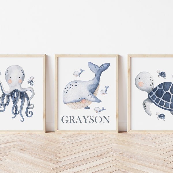 Sea Animals Nursery Art, Ocean Nursery Wall Decor, Navy Blue Nursery, Boy Nursery Decor, Whale Art, Sea Turtle Art, Baby Name Art Prints