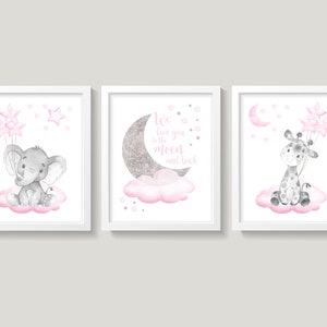 Elephant Giraffe Nursery Wall Decor, Baby Girl Nursery Decor, Pink Gray Silver Nursery, Clouds and Stars, We Love You To The Moon And Back