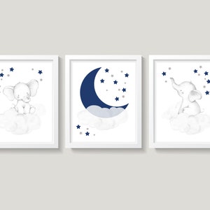 Elephant Nursery Wall Decor, Navy Blue and Gray Nursery Decor, Moon and Stars Nursery, Cloud and Stars Nursery, Baby Boy Nursery Wall Decor