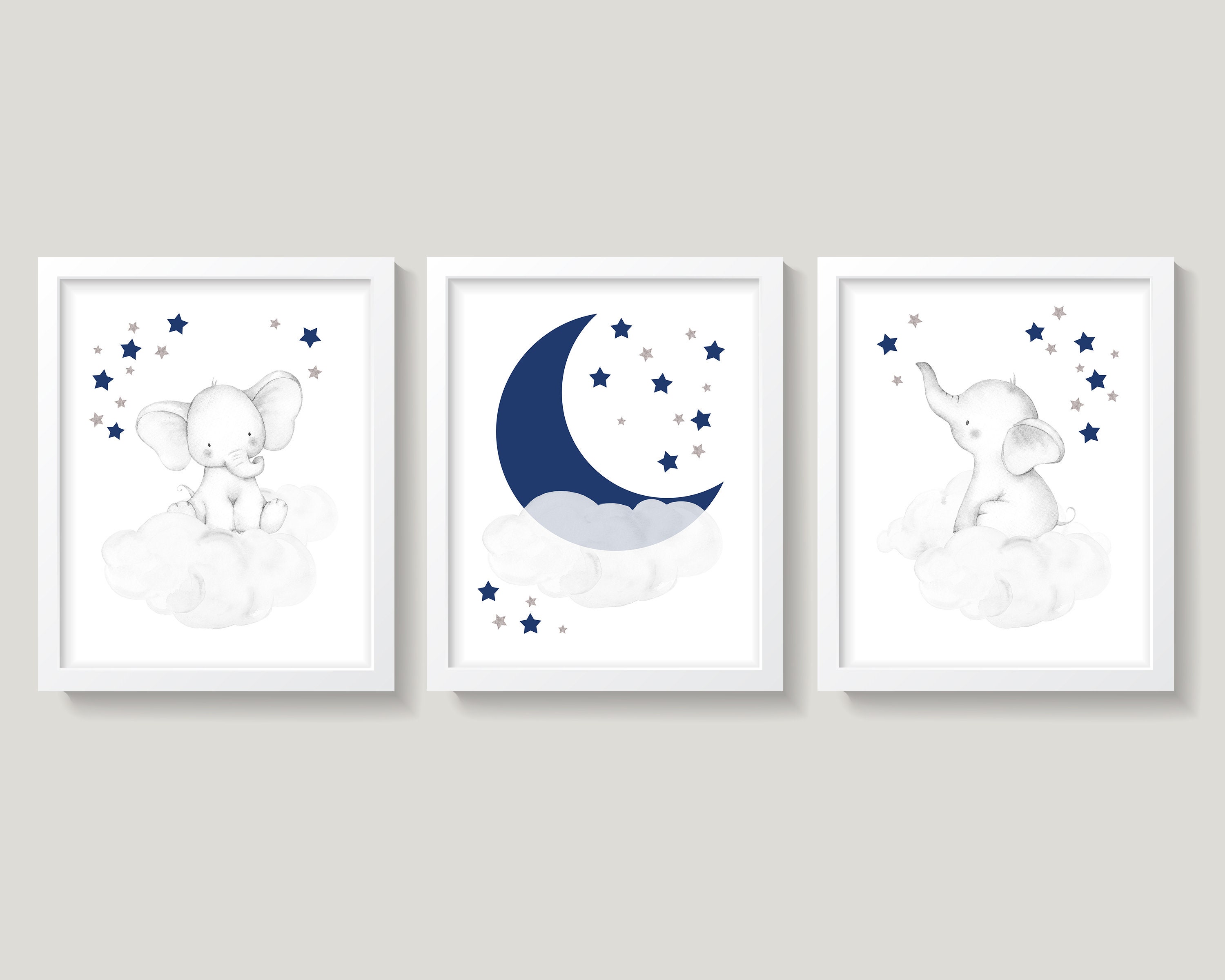 Elephant Nursery Wall Decor, Navy Blue and Gray Nursery Decor, Moon and ...