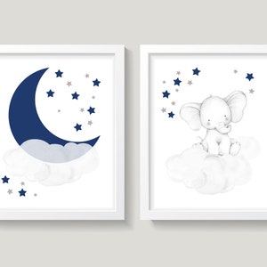 Elephant Nursery Wall Decor, Navy Blue Gray Nursery Decor, Moon and Stars Nursery Art, Cloud and Stars Nursery, Baby Boy Nursery Wall Decor