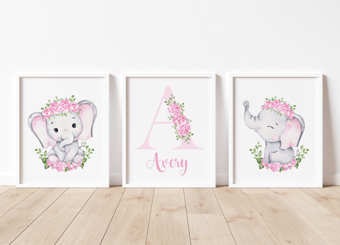 Elephant Nursery Wall Decor, Elephant Nursery Art, Baby Girl Nursery