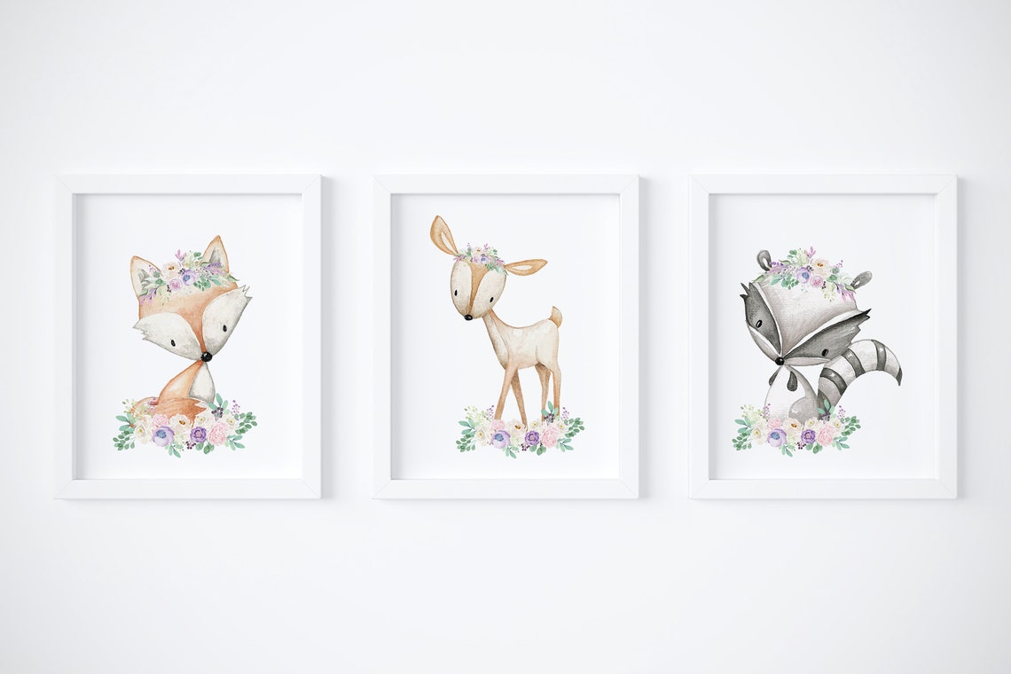 Set of 3 Woodland Animal Nursery Wall Art, Watercolor Forest Animals ...