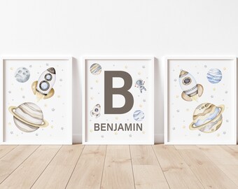 Outer Space Nursery Wall Decor, Space Rockets Art, Planets Astronauts, Boy Space Themed Nursery, Baby Name Art Prints, Neutral Nursery Decor