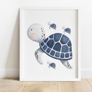 May include: A watercolor illustration of a blue and gray sea turtle with four smaller turtles swimming behind it. The larger turtle has a detailed shell with a blue and gray pattern.