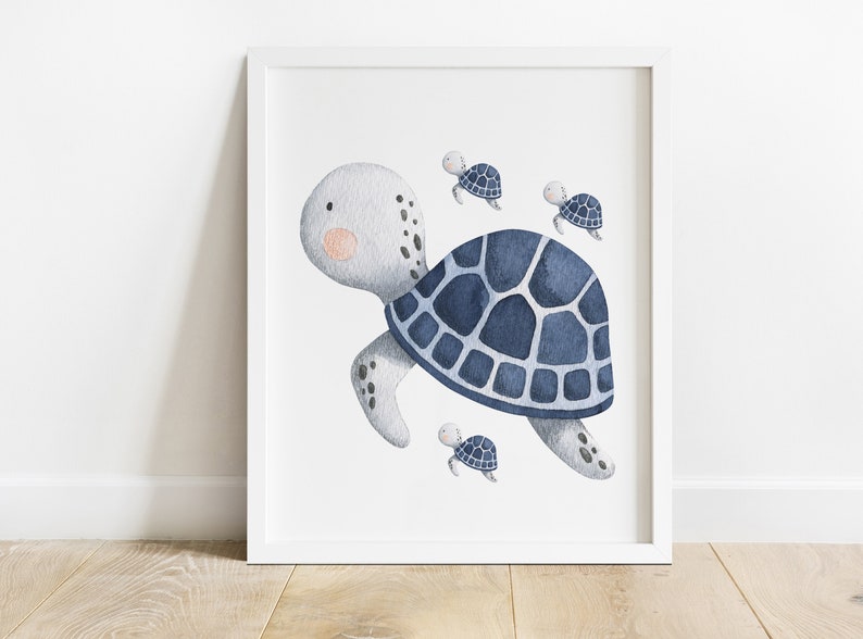 May include: A watercolor illustration of a blue and gray sea turtle with four smaller turtles swimming behind it. The larger turtle has a detailed shell with a blue and gray pattern.