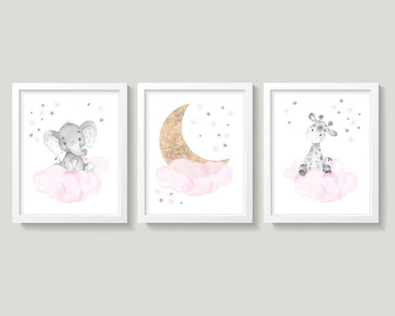 Elephant Nursery Wall Decor, Giraffe Nursery Wall Art, Moon and Stars Decor, Cloud and Stars Art, Baby Girl Nursery, Pink Gray Nursery Decor