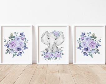 Elephant Nursery Wall Decor, Baby Girl Nursery Art, Elephant Nursery Art Prints, Purple Boho Nursery Art Prints, Floral Nursery Wall Art