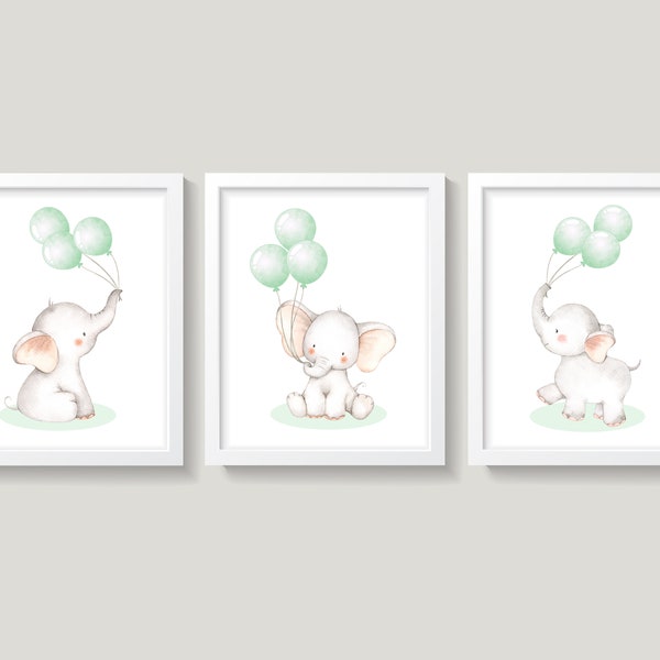 Elephant Nursery Wall Decor, Elephants With Balloons Wall Art, Mint Green and Gray, Baby Boy Elephants Nursery, Baby Boy Nursery Decor