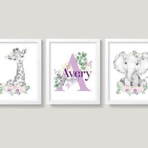 Boho Safari Animals Nursery Wall Decor, Elephant Giraffe Wall Art, Purple Gray Nursery, Baby Girl Floral Boho Nursery, Personalized Nursery