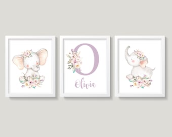 Elephant Nursery Wall Decor, Elephant Nursery Wall Art, Baby Girl Nursery Decor, Pink Purple Mint, Floral Boho Nursery, Baby Name Art Prints