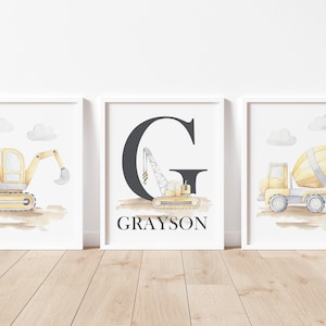 Construction Trucks Wall Decor, Trucks Nursery Art, Boy Nursery Decor, Boy Bedroom Art, Construction Vehicles Art Prints, Personalized Name