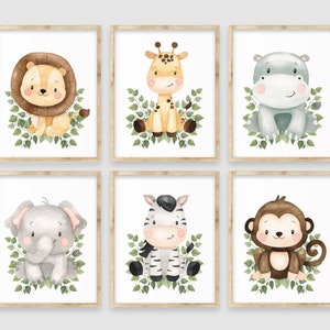 May include: Set of six watercolor illustrations featuring cute cartoon animals, including a lion, giraffe, hippopotamus, elephant, zebra, and monkey. Each animal is surrounded by green leaves.