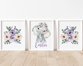 Elephant Nursery Wall Decor, Elephant Nursery Art, Baby Girl Nursery Decor, Purple Floral Nursery, Safari Animal Art, Baby Name Art Prints