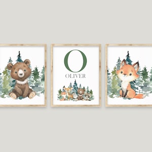 Woodland Nursery Wall Decor, Woodland Animal Wall Decor, Baby Boy Nursery Decor, Forest Animals Wall Art, Personalized Baby Name Art Prints