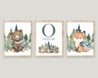 Woodland Nursery Wall Decor, Woodland Animal Wall Decor, Baby Boy Nursery Decor, Forest Animals Wall Art, Personalized Baby Name Art Prints