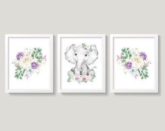 Boho Elephant Wall Decor, Baby Girl Nursery Wall Art, Elephant Nursery Prints, Purple and Pink Floral Boho, Girl Room Decor, Boho Nursery