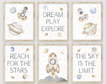 Decoración de la habitación del niño del espacio exterior, Planeta cohete, Vivero neutral, Arte de la pared del vivero del espacio exterior, Vivero temático del espacio del bebé niño, Alcanzar las estrellas