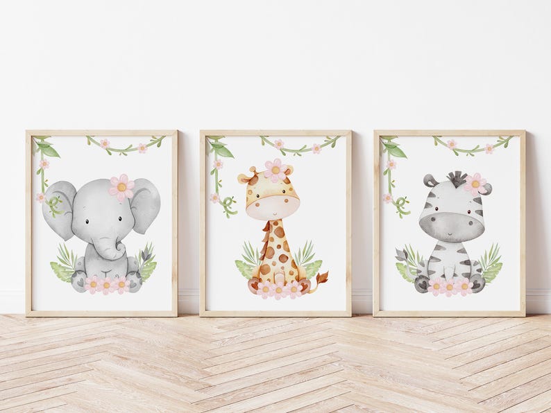 Safari Jungle Animal Nursery Art, Zoo Animals Wall Art, Girl Nursery ...