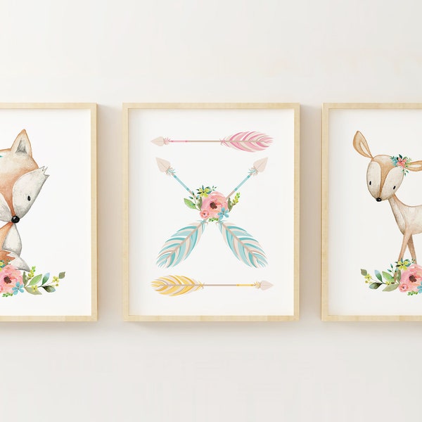 Boho Woodland Animal Nursery Wall Art, Forest Animals Wall Decor, Floral Fox Deer Arrows Wall Decor, Girl Nursery Wall Décor, Baby Boho Art