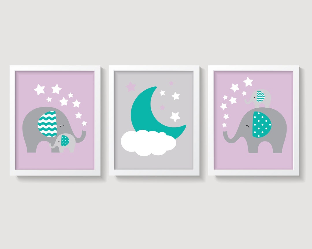 Set of 3 Girl Elephant Nursery Wall Decor, Lilac and Teal Nursery Decor ...