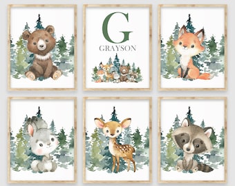 Woodland Animals Wall Decor, Woodland Nursery Wall Decor, Baby Boy Nursery Decor, Forest Animals Wall Art, Personalized Baby Name Art Prints