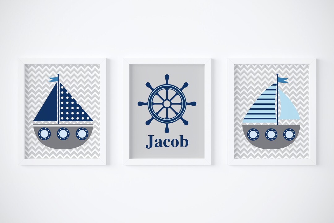 Nautical Nursery Wall Decor Sailboats Nursery Wall Art Navy Etsy