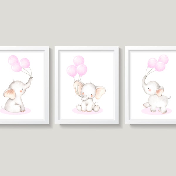 Watercolor Pink Elephant, Elephant With Balloons Baby Nursery, Pink Gray Nursery Wall Art, Baby Elephant Nursery Decor, Baby Girl Wall Decor